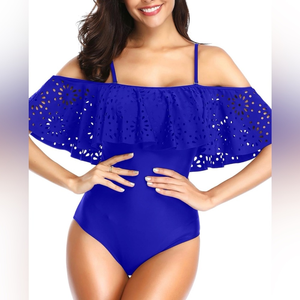 NWT Tempt Me Royal Blue 1 Pc Swimsuit Off Shoulder Ruffle Tummy Control Womens M